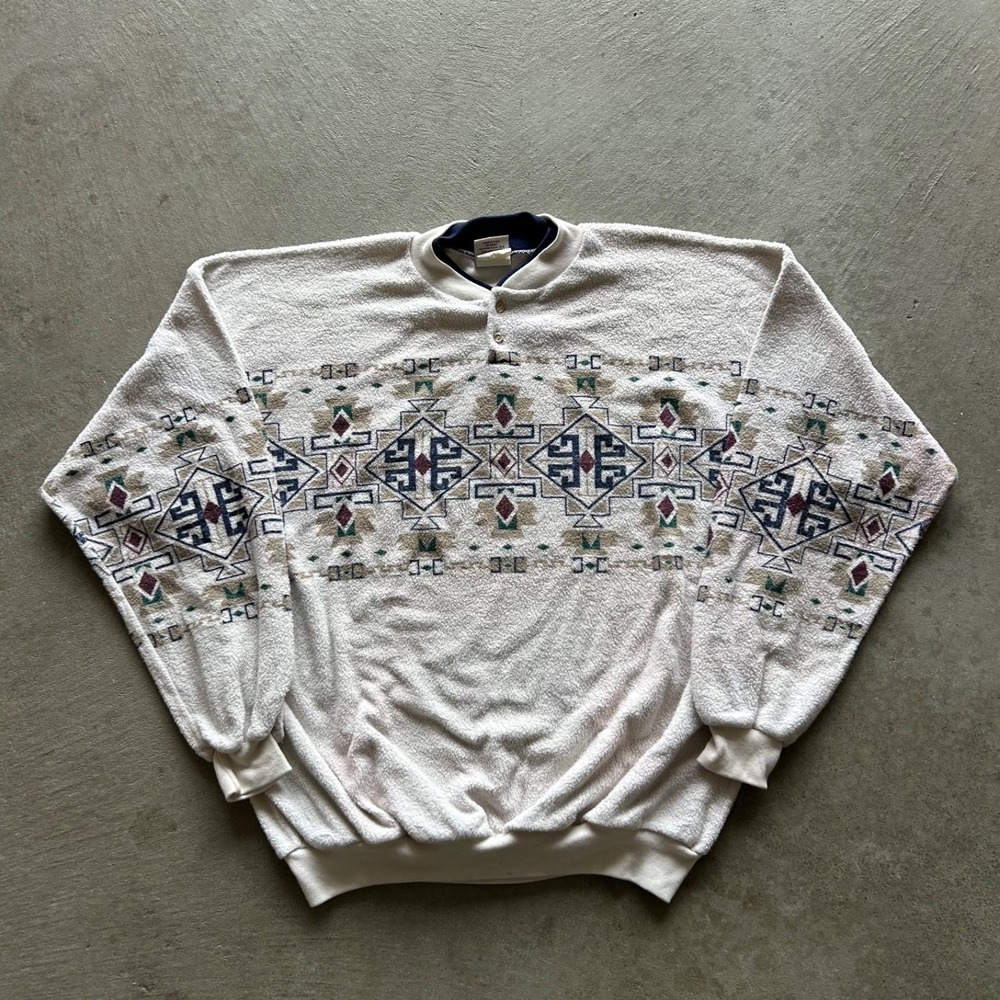 Vintage 90s Art Unlimited Geometric Sweatshirt Size XL White Henley Wrap Around